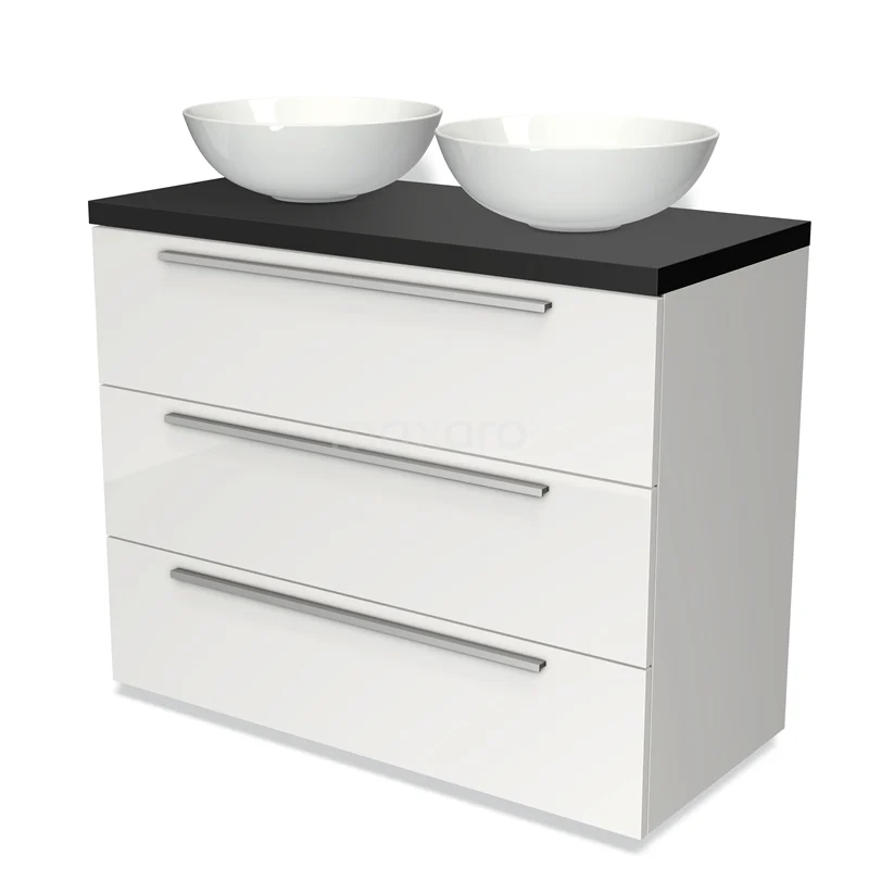 Badmöbel für Aufsatzwaschbecken 100cm Modulo Plato Hochglanz Weiß 3 Schubladen Flach Matt Schwarz Platte BMK19-00533 Weißes Badezimmermöbel mit schwarzer Platte, drei Schubladen und zwei stilvollen runden Waschbecken, ideal für ein modernes Badezimmer.