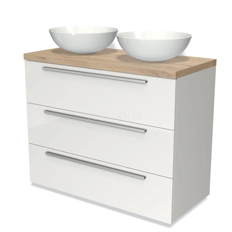 Modulo Plato Vanity units for countertop basin | 100 cm High-gloss white Flat front Light brown oak worktop 3 drawers BMK19-00541