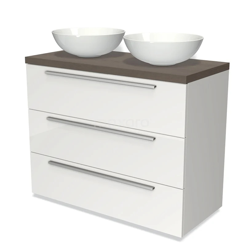 Modulo Plato Vanity units for countertop basin | 100 cm High-gloss white Flat front Dark brown oak worktop 3 drawers BMK19-00543