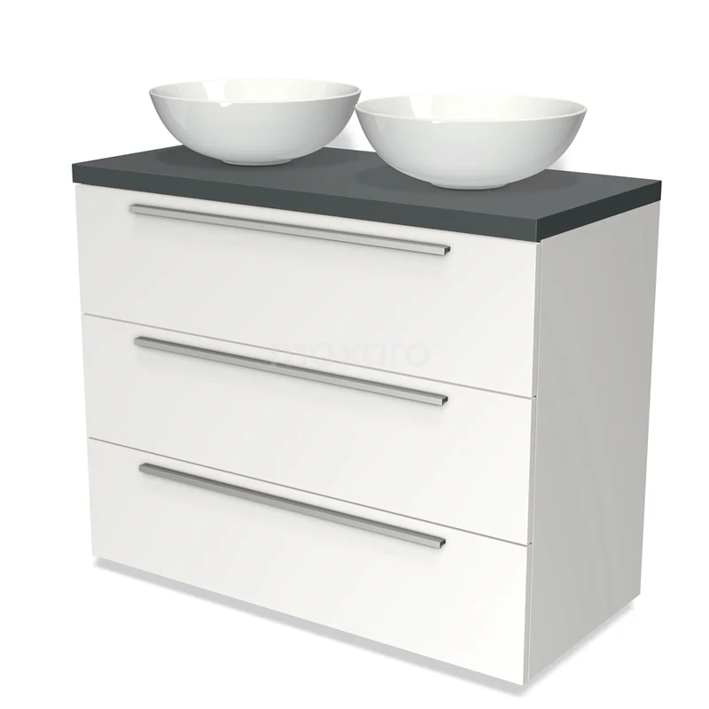 Modulo Plato Vanity units for countertop basin | 100 cm Matte white Flat front Dark grey worktop 3 drawers BMK19-00579