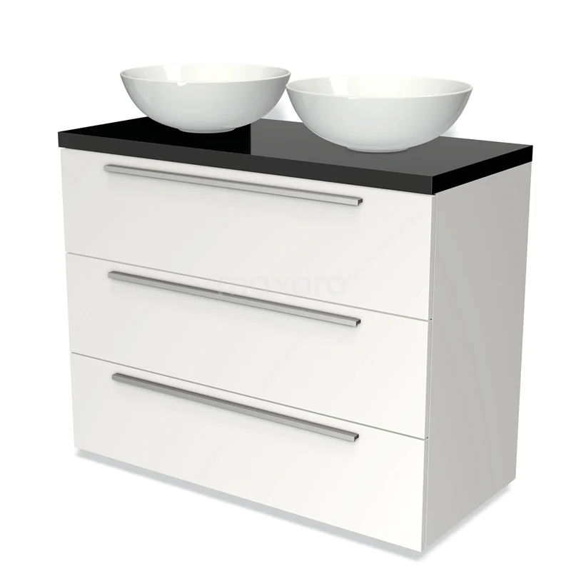 Modulo Plato Vanity units for countertop basin | 100 cm Matte white Flat front High-gloss black worktop 3 drawers BMK19-00580