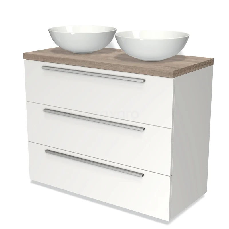 Modulo Plato Vanity units for countertop basin | 100 cm Matte white Flat front Oak worktop 3 drawers BMK19-00581