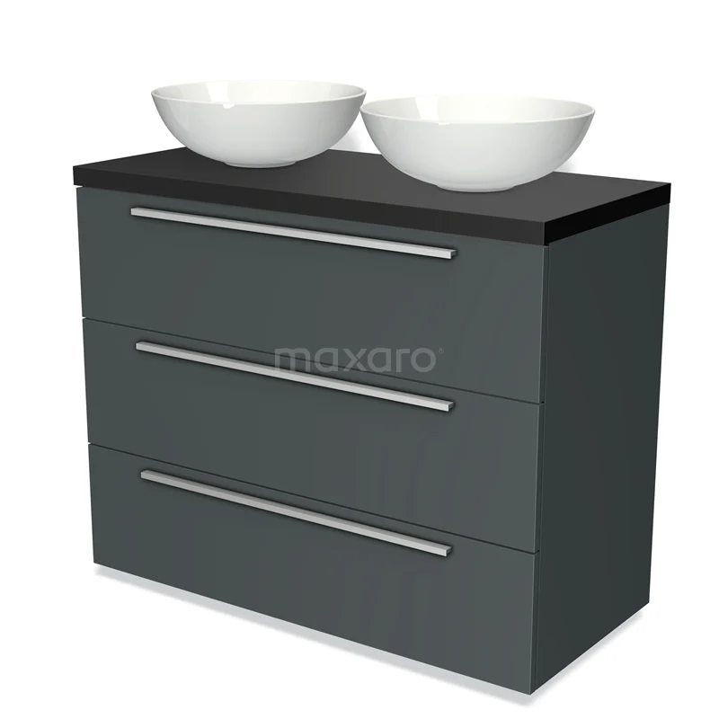 Modulo Plato Vanity units for countertop basin | 100 cm Dark grey Flat front Matte black worktop 3 drawers BMK19-00617
