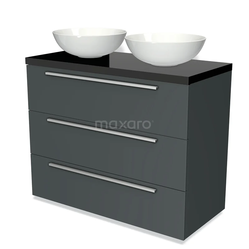 Badmöbel für Waschtischunterschrank mit Konsole 100cm Modulo Plato Dunkelgrau 3 Schubladen Flach Hochglanz Schwarz Platte BMK19-00622 Graue Badmöbelset mit schwarzer Platte, doppeltem weißen Waschbecken und drei Schubladen; modernes Design für stilvolle Bäder.