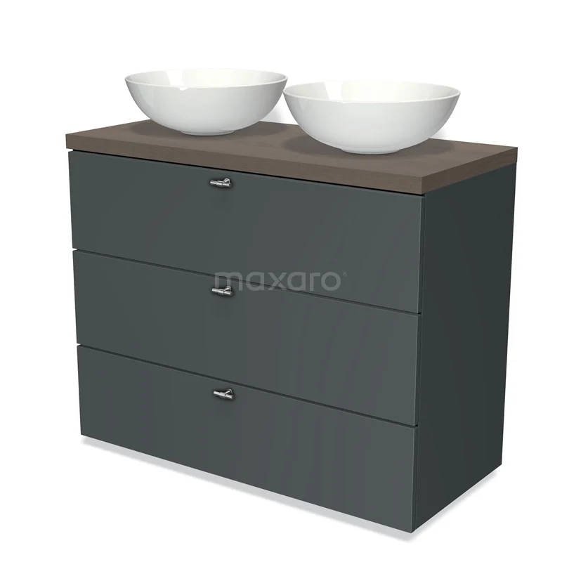 Modulo Plato Vanity units for countertop basin | 100 cm Dark grey Slat front Dark brown oak worktop 3 drawers BMK19-00641