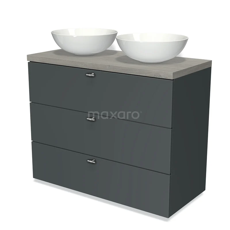 Modulo Plato Vanity units for countertop basin | 100 cm Dark grey Slat front Grey oak worktop 3 drawers BMK19-00642