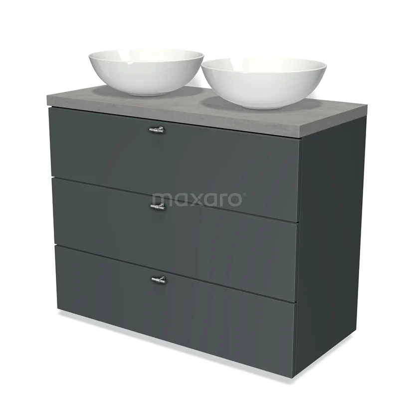 Modulo Plato Vanity units for countertop basin | 100 cm Dark grey Slat front Light grey concrete worktop 3 drawers BMK19-00643