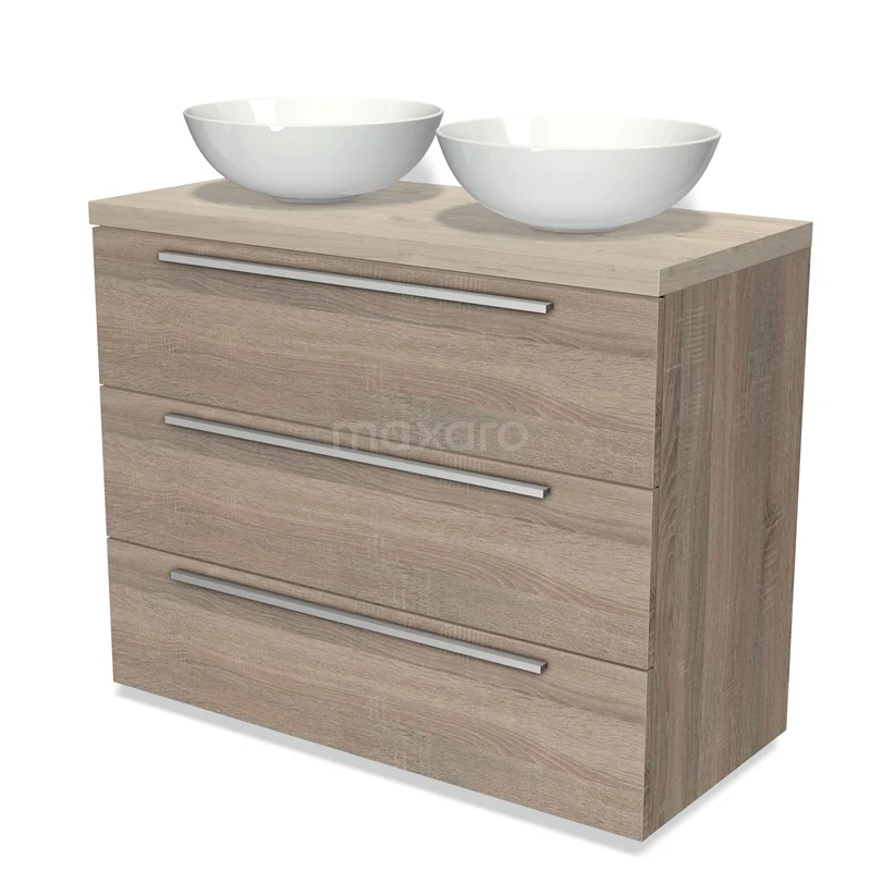 Modulo Plato Vanity units for countertop basin | 100 cm Oak Flat front Light grey oak worktop 3 drawers BMK19-00708