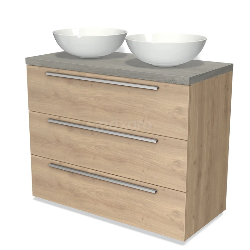 Badmöbel für Aufsatzwaschbecken 100cm Modulo Plato Hellbraune Eiche 3 Schubladen Flache graue Eiche Platte BMK19-00768 Eichen Badezimmermöbel mit Beton Platte und zwei weißen keramischen Aufsatzwaschbecken, moderner Stil mit drei Schubladen.