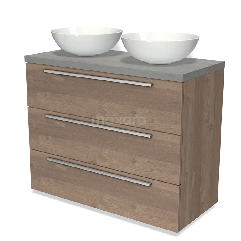 Modulo Plato Vanity units for countertop basin | 100 cm Mid brown oak Flat front Light grey concrete worktop 3 drawers BMK19-00797
