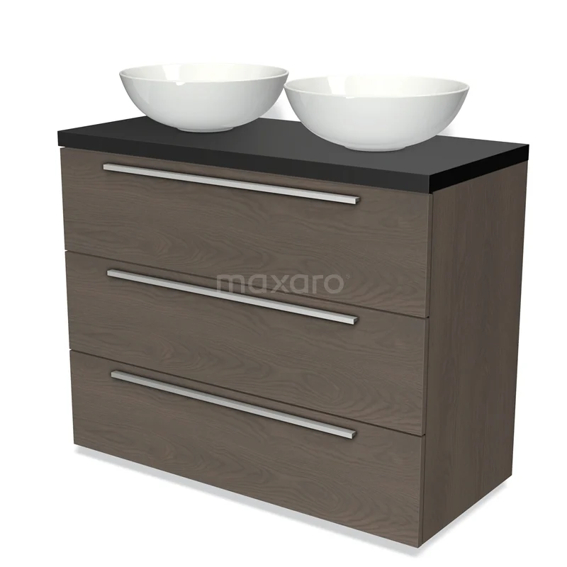 Modulo Plato Vanity units for countertop basin | 100 cm Dark brown oak Flat front Matte black worktop 3 drawers BMK19-00813