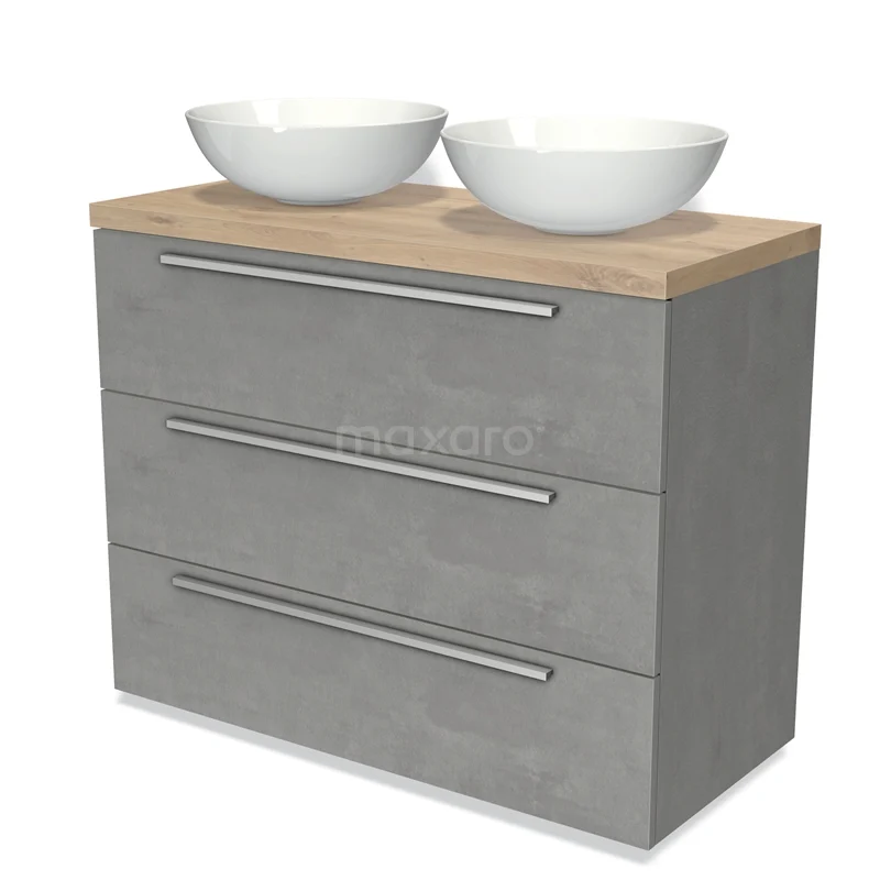 Modulo Plato Vanity units for countertop basin | 100 cm Light grey concrete Flat front Light brown oak worktop 3 drawers BMK19-00877