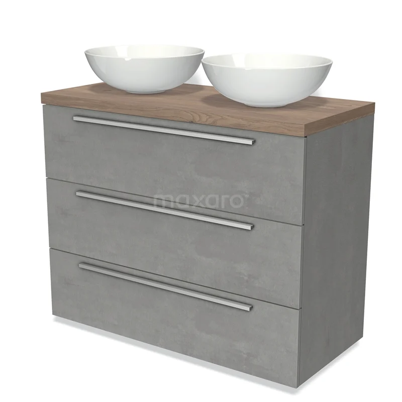 Modulo Plato Vanity units for countertop basin | 100 cm Light grey concrete Flat front Mid brown oak worktop 3 drawers BMK19-00878