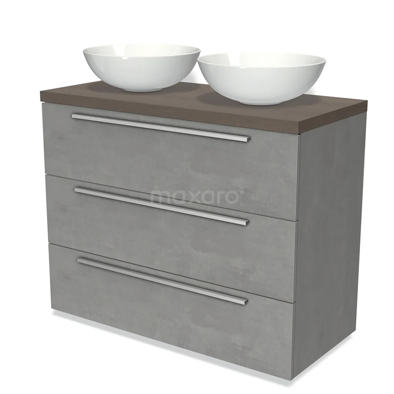 Modulo Plato Vanity units for countertop basin | 100 cm Light grey concrete Flat front Dark brown oak worktop 3 drawers BMK19-00879