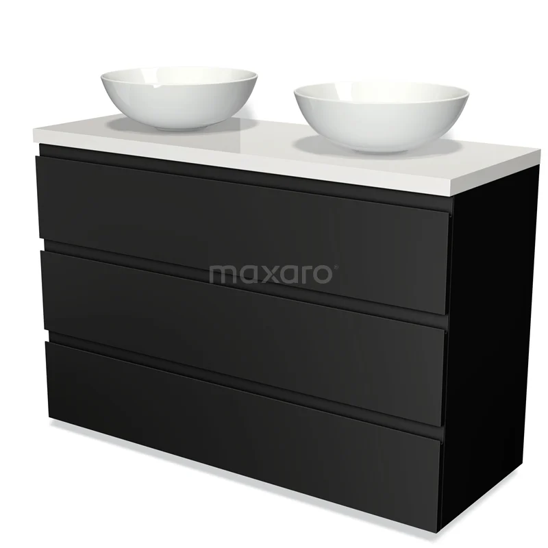 Zwarte badkamerkast met drie lades, dubbele witte waskommen en een glad wit werkblad van keramiek voor een moderne badkamer.