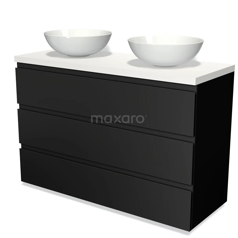 Badmöbel für Aufsatzwaschbecken 120cm Modulo Plato Matt Schwarz 3 Schubladen Grifflos Matt Weiß Platte BMK19-00928 Schwarzes Doppelwaschbeckenmöbel mit weißen Schalen, schlankes Design und glänzender Verarbeitung, ideal für ein modernes Badezimmer.