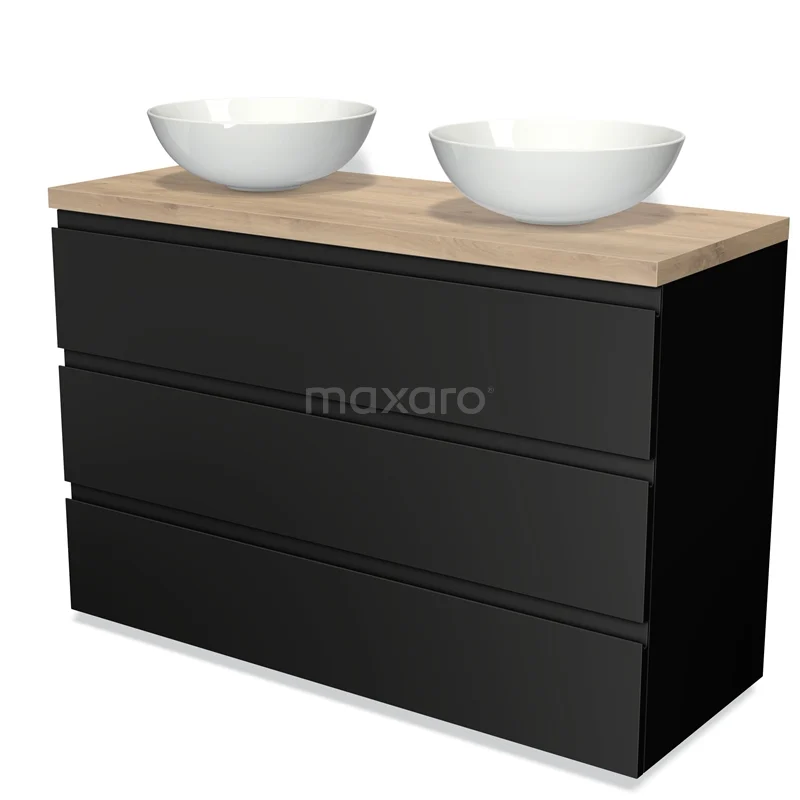 Black bathroom unit with wooden worktop and two white vanity units for countertop wash basins, modern design for stylish bathroom furnishing.