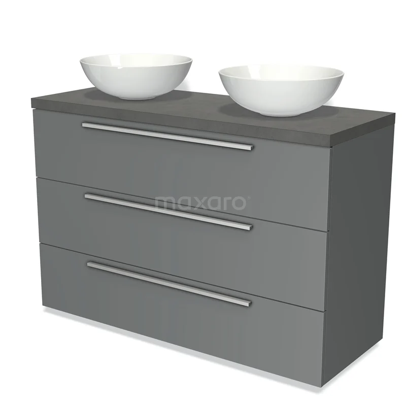 Grijze badkamermeubelset met dubbele waskom, drie lades en metalen grepen, strak design voor moderne badkamers.