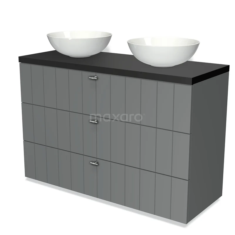 Grijze badkamerkast met drie lades, donker blad en twee witte wastafels; stijlvolle opberger voor een moderne badkamer.