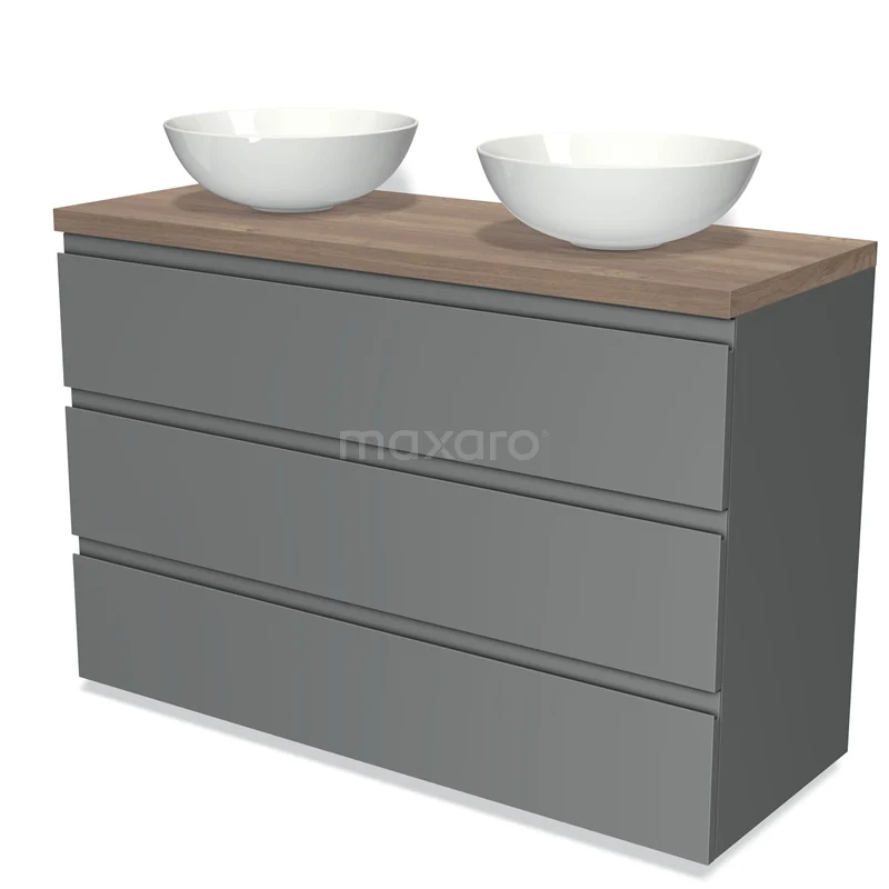 Badmöbel für Aufsatzwaschbecken 120cm Modulo Plato Mittelgrau 3 Schubladen Grifflos Mittelbraune Eiche Platte BMK19-00976 Graue Badmöbelset mit Holzlook Platte und doppeltem weißen Aufsatzwaschbecken, modernes Design und praktische Schubladen.