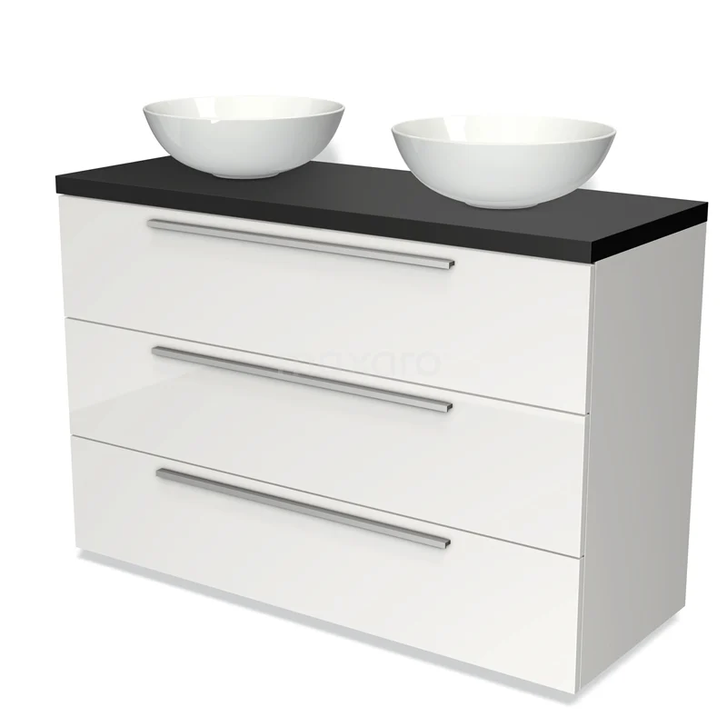 Badmöbel für Aufsatzwaschbecken 120cm Modulo Plato Hochglanz Weiß 3 Schubladen Flach Matt Schwarz Platte BMK19-00981 Weiße Badmöbel mit schwarzer Platte, doppelten komformigen Waschbecken und drei Schubladen mit metallischen Haltegriffen.