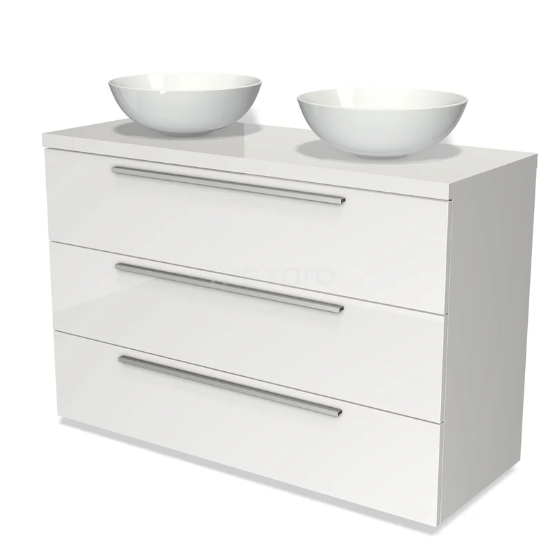 Badmöbel für Aufsatzwaschbecken 120cm Modulo Plato Hochglanz Weiß 3 Schubladen Flach BMK19-00983 Weißer Badschrank mit Hochglanzoberfläche, Doppelwaschbecken und metallischen Haltegriffen, ideal für moderne Bäder.
