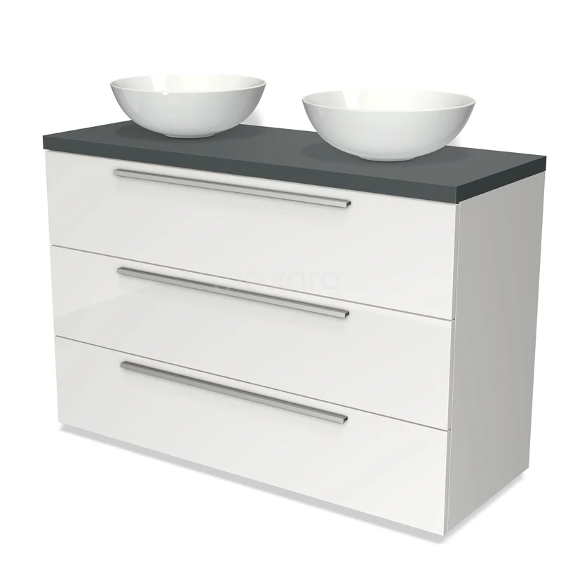 White bathroom cabinet with three drawers, black top and two modern white countertop wash basins, ideal for stylish bathroom spaces.