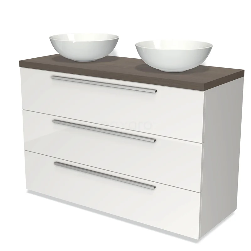 Modulo Plato Vanity units for countertop basin | 120 cm High-gloss white Flat front Dark brown oak worktop 3 drawers BMK19-00991