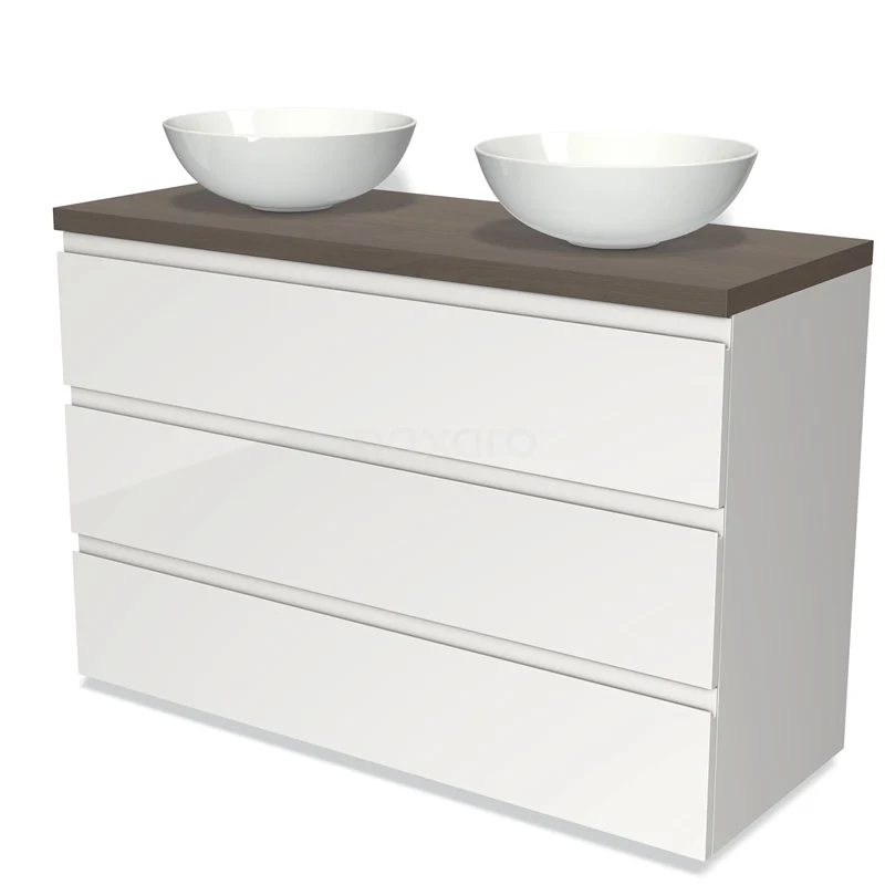 Badmöbel für Aufsatzwaschbecken 120cm Modulo Plato Hochglanz Weiß 3 Schubladen Grifflos dunkelbraune Eiche Platte BMK19-01019 Weißes Badezimmermöbel mit doppelten Aufsatzwaschbecken, Holzlook Platte und grifflosen Schubladen, modernes Design für ein stilvolles Badezimmer.