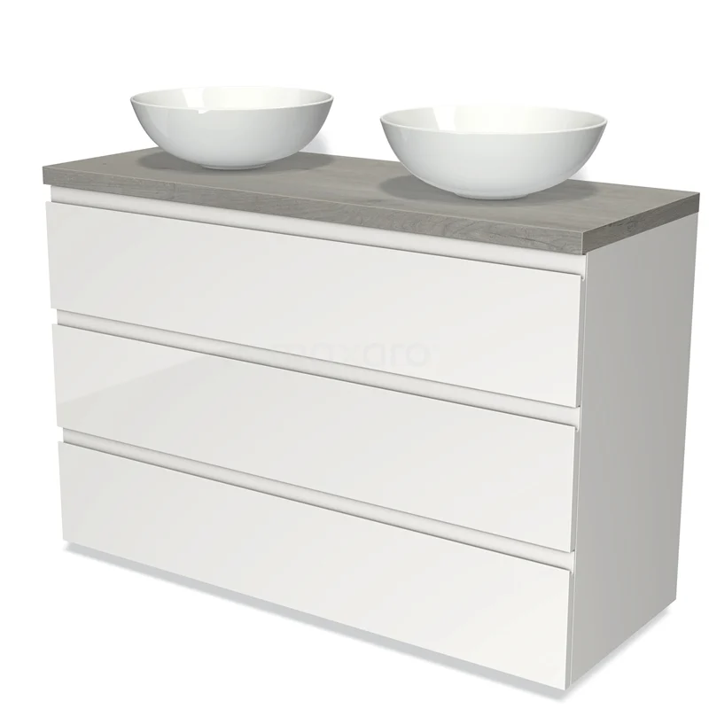 White bathroom unit with concrete-look worktop, two round drawers and three drawers, ideal for modern bathrooms.