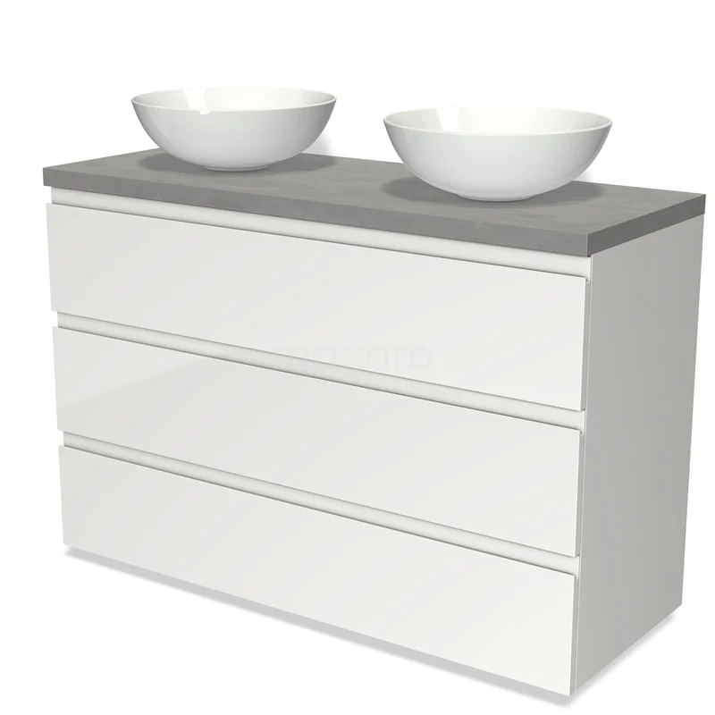 Badmöbel für Aufsatzwaschbecken 120cm Modulo Plato Hochglanz Weiß 3 Schubladen Grifflos Hellgrauer Beton Platte BMK19-01021 Weißes Badmöbel mit Betonlook Platte, zwei runden Waschbecken und drei grifflosen Schubladen für stilvollen und praktischen Stauraum.