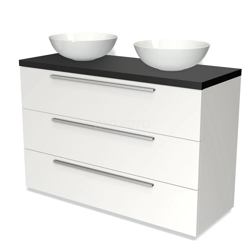 White bathroom unit with three drawers, black top and two round countertop wash basins, modern design made of durable materials.