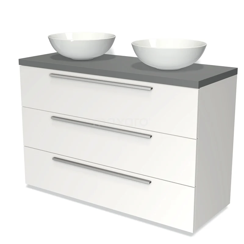 White bathroom furniture set with grey worktop, three drawers and two countertop wash basins, ideal for modern bathroom design.