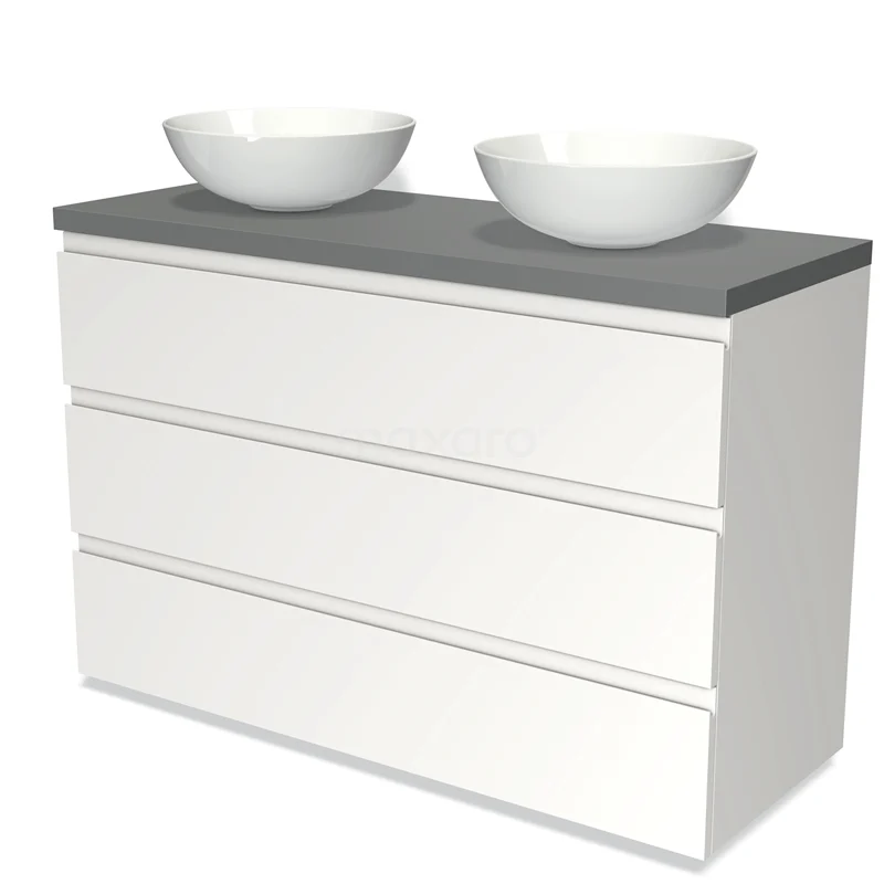 Modulo Plato Vanity units for countertop basin | 120 cm Matte white Handle-less front Mid grey worktop 3 drawers BMK19-01052