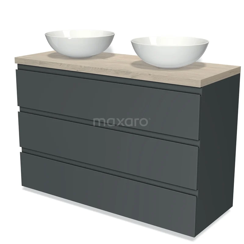 Badmöbel für Aufsatzwaschbecken 120cm Modulo Plato Dunkelgrau 3 Schubladen Grifflos hellgraue Eiche Platte BMK19-01100 Dunkelgraue Badmöbel mit Holzlook Platte und zwei weißen Aufsatzwaschbecken, perfekt für einen modernen Badezimmerstil.