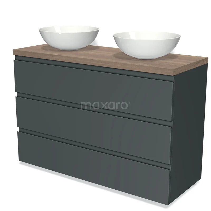 Badmöbel für Aufsatzwaschbecken 120cm Modulo Plato Dunkelgrau 3 Schubladen Grifflos Mittelbraune Eiche Platte BMK19-01102 Dunkelgraue Badmöbelset mit Holzlook Platte und doppelten weißen Aufsatzwaschbecken, modernes Design mit klaren Linien.