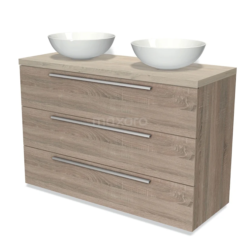 Houten badkamermeubel met twee witte opzetwastafels, drie lades en moderne handgrepen voor stijlvolle opbergruimte.