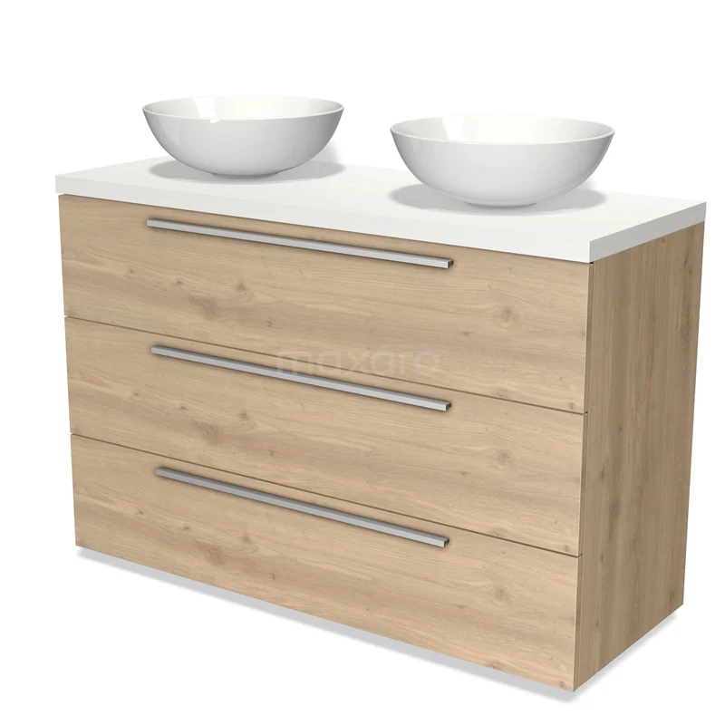 Houten badkamerkast met drie lades, witte wastafelbladen en dubbele komvormige wasbakken, modern ontwerp.
