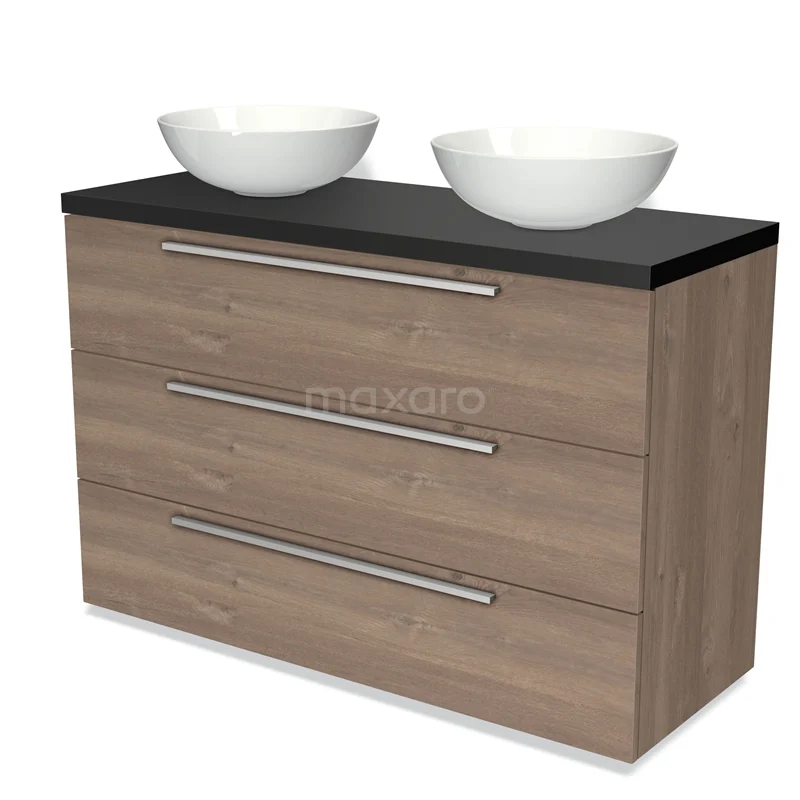 Modulo Plato Vanity units for countertop basin | 120 cm Mid brown oak Flat front Matte black worktop 3 drawers BMK19-01233