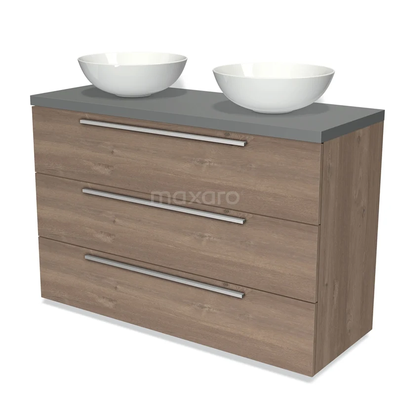 Modulo Plato Vanity units for countertop basin | 120 cm Mid brown oak Flat front Mid grey worktop 3 drawers BMK19-01234