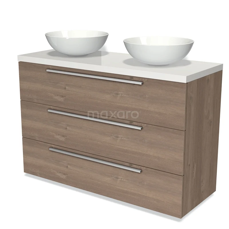 Modulo Plato Vanity units for countertop basin | 120 cm Mid brown oak Flat front High-gloss white worktop 3 drawers BMK19-01235