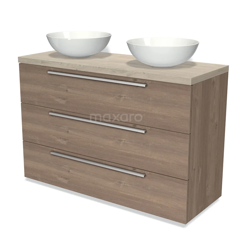 Modulo Plato Vanity units for countertop basin | 120 cm Mid brown oak Flat front Light grey oak worktop 3 drawers BMK19-01240