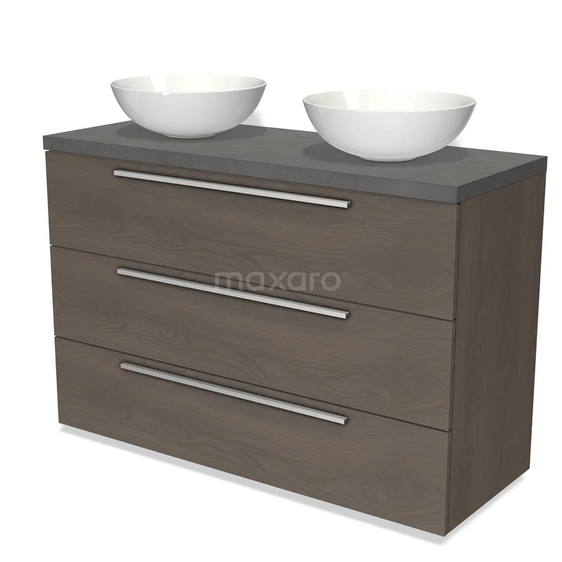 Badmöbel für Aufsatzwaschbecken 120cm Modulo Plato Dunkelbraune Eiche 3 Schubladen Flach Dunkelgrauer Beton Platte BMK19-01274 Braunes Holz-Badezimmermöbel mit anthrazitfarbener Platte, doppelten weißen Aufsatzwaschbecken und drei Schubladen mit silberfarbenen Griffen.