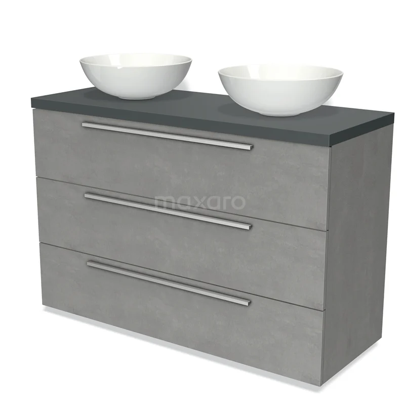 Grey wooden bathroom furniture set with double countertop wash basins and dark worktop, modern look, ideal for stylish bathrooms.