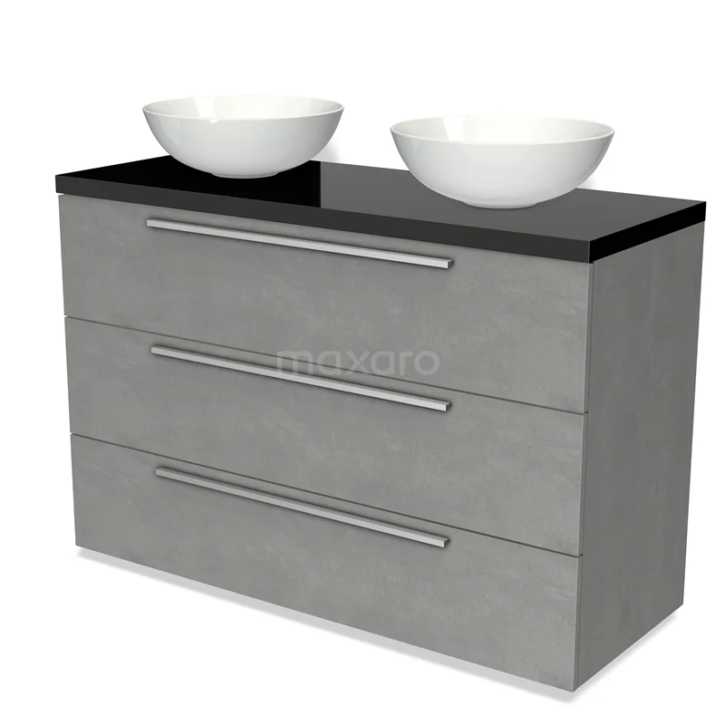 Grey bathroom furniture set with black glass worktop, double countertop wash basins and three drawers with chrome handles.