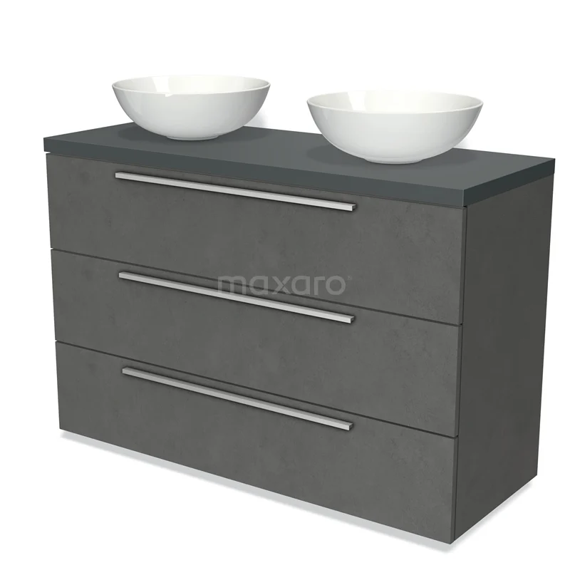 Badmöbel für Waschtischunterschrank mit Konsole 120cm Modulo Platte Dunkelgrau Beton 3 Schubladen Flach Dunkelgrau Platte BMK19-01335 Dunkelgraue Badmöbelset mit Doppelwaschbecken, modernem Erscheinungsbild und eleganten Edelstahl Haltegriffen.