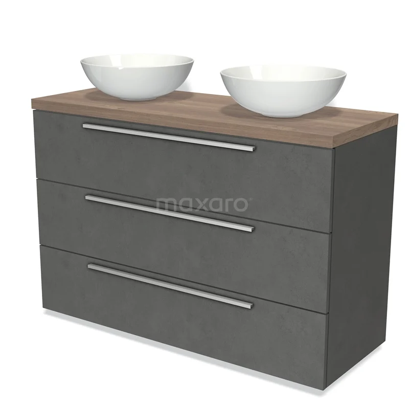 Grijs badkamermeubel met dubbel wasbakdesign, houtlook blad en moderne lades, ideaal voor stijlvolle badkamerinrichting.