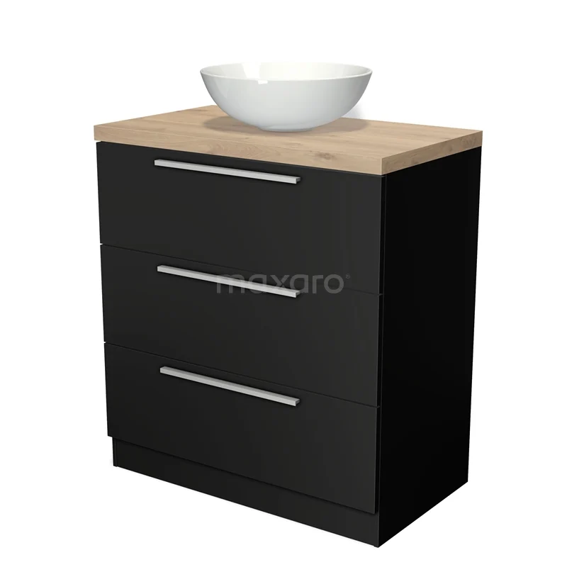 Badmöbel für Aufsatzwaschbecken 80cm Modulo Plato Matt Schwarz 3 Schubladen Stehend Flach Hellbraune Eiche Platte BMK19S-00009 Schwarzes Badmöbel mit naturholzfarbigem Oberblatt, keramischem Aufsatzwaschbecken und drei Schubladen für praktischen Stauraum.