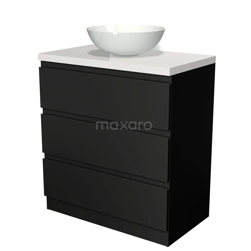 Badmöbel für Aufsatzwaschbecken 80cm Modulo Plato Matt Schwarz 3 Schubladen Grifflos Hochglanz Weiß Platte BMK19S-00031 Schwarze Badmöbelset mit weißem Waschbecken, elegantes Design, ideal für moderne Bäder, aus langlebigem Material gefertigt.