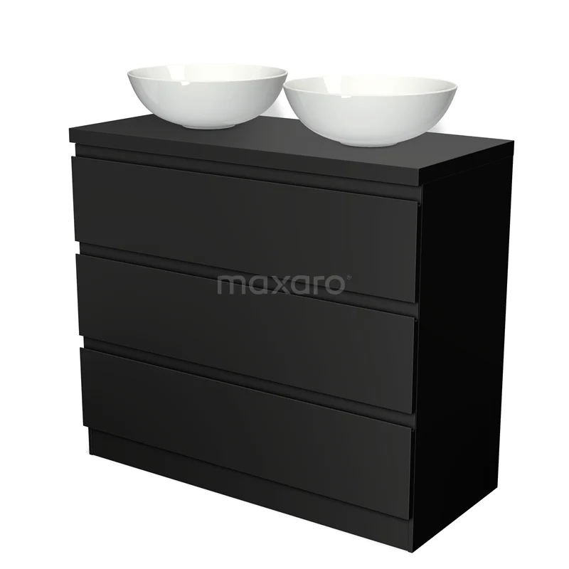Badmöbel für Waschtischunterschrank mit Konsole 100cm Modulo Plato Matt Schwarz 3 Schubladen Stehend grifflos BMK19S-00141 Schwarzes Badmöbel mit doppeltem keramischen Waschbecken, schlankem Design und tiefen Schubladen; ideal für moderne Bäder.